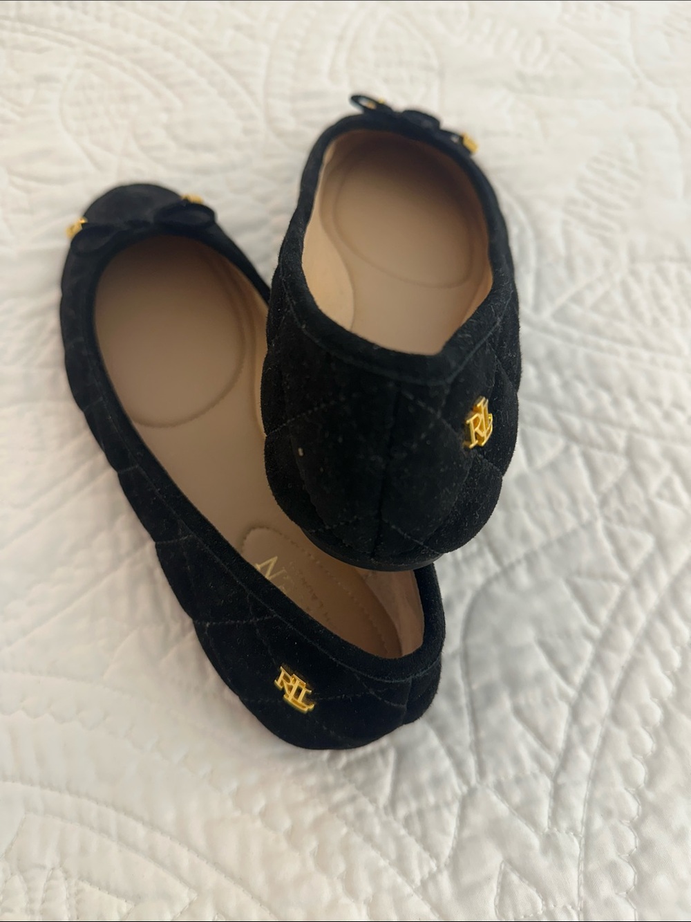 Lauren Ralph Lauren Black Quilted Ballet Flats with Gold Aglets - Picture 2 of 4
